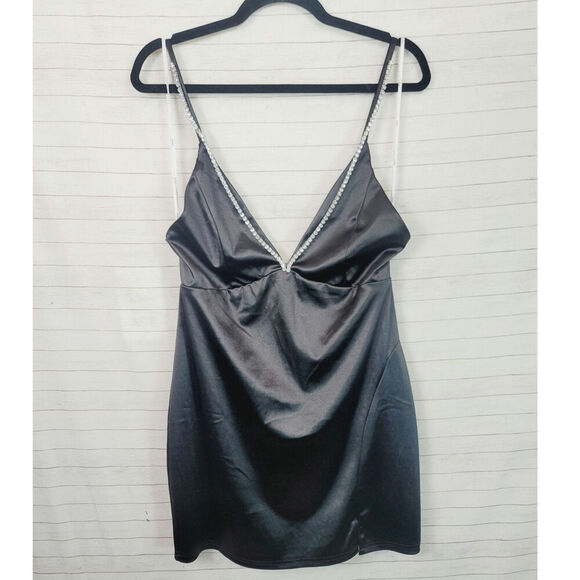 Lulus Treasured Sparkles Black Satin Rhinestone Backless Mini Dress, sz Large - Picture 2 of 16